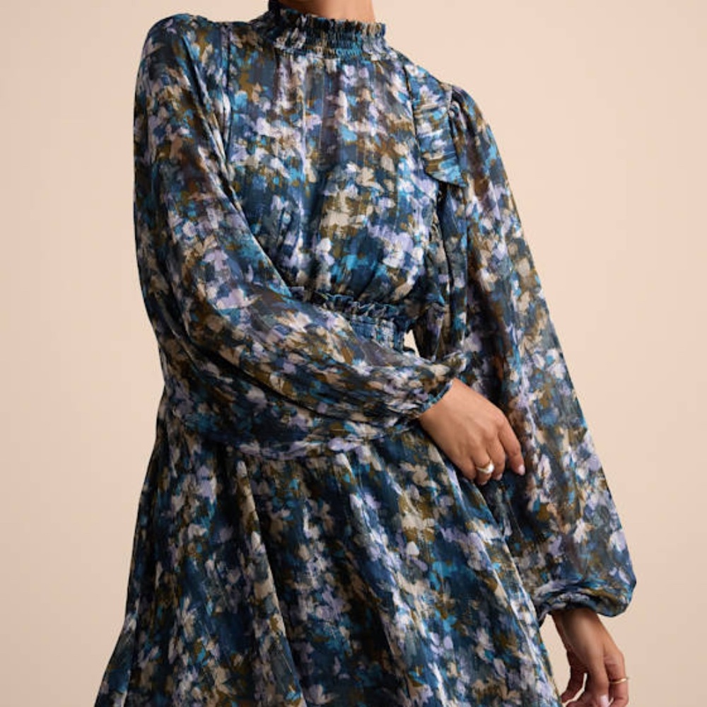 Lulus Andie Blue Multi Abstract Floral Mock Neck Mini Dress - Size S